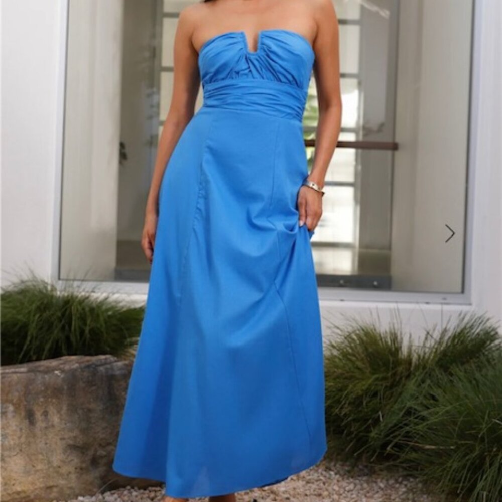 Hello Molly Sofia Strapless Linen Blend Maxi Dress Blue